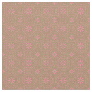 Pink Flowers Light Brown Floral Block Pattern Fabric