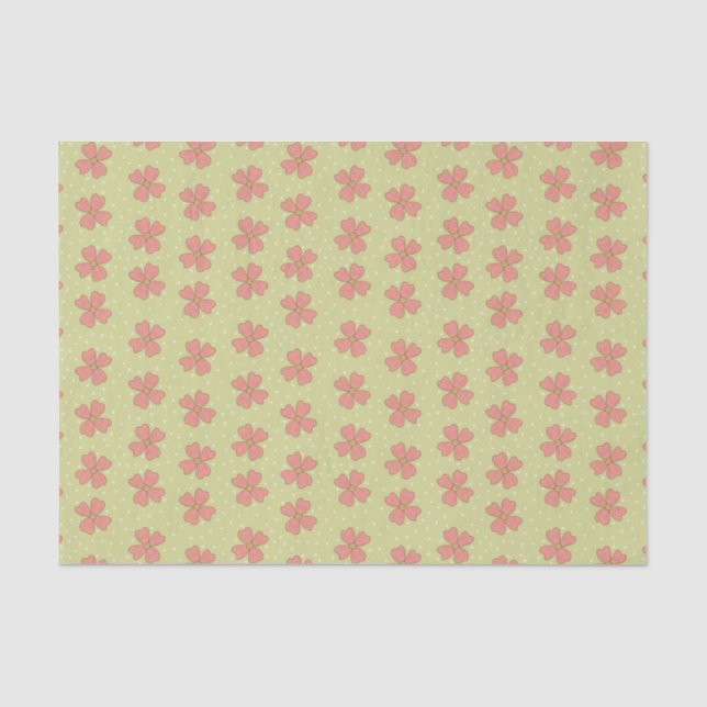 Pink Flowers Light Green Polka Dot Pretty Tissue Paper (Front)
