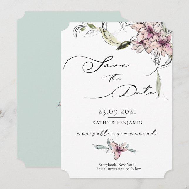 Pink Flowers Lilies Wedding Save The Date Card (Front/Back)