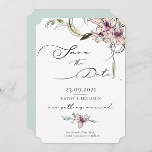 Pink Flowers Lilies Wedding Save The Date Card