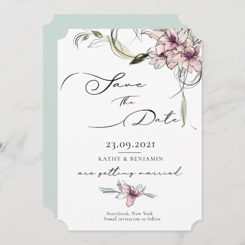 Pink Flowers Lilies Wedding Save The Date Card