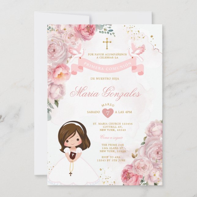 Pink Flowers Little Girl Bible Primera Comunión Invitation (Front)