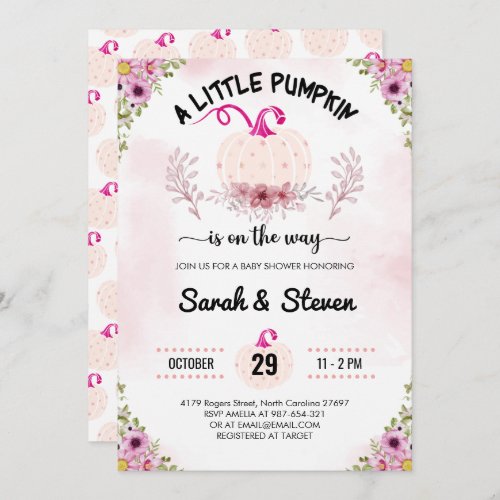 Pink Flowers Little Pumpkin Baby Girl Shower Invitation