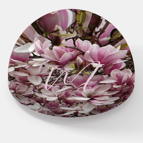 Pink Flowers Magnolia Blossom Floral Monogrammed Paperweight