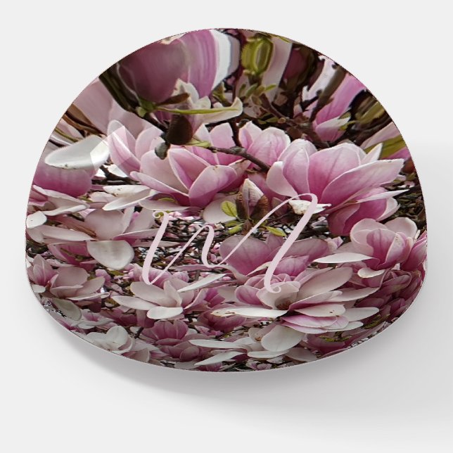 Pink Flowers Magnolia Blossom Floral Monogrammed Paperweight (Angled)