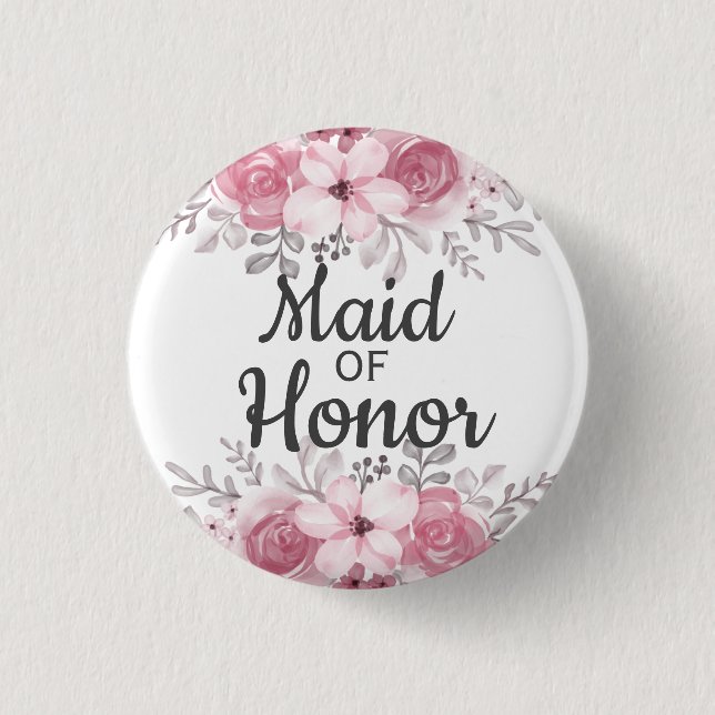 Pink Flowers maid of honor  Button (Front)