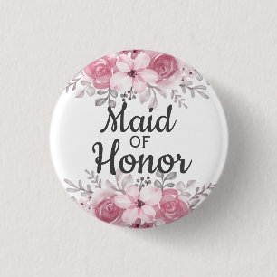 Pink Flowers maid of honor Button