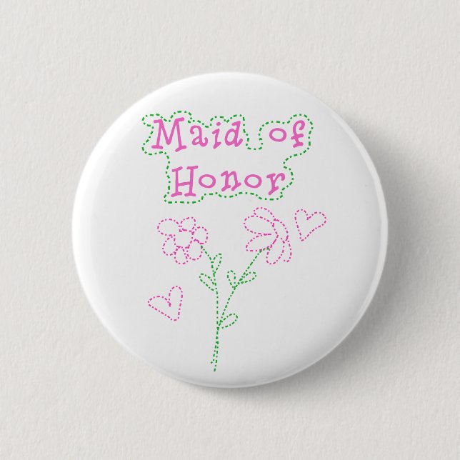 Pink Flowers Maid of Honor Pinback Button (Front)