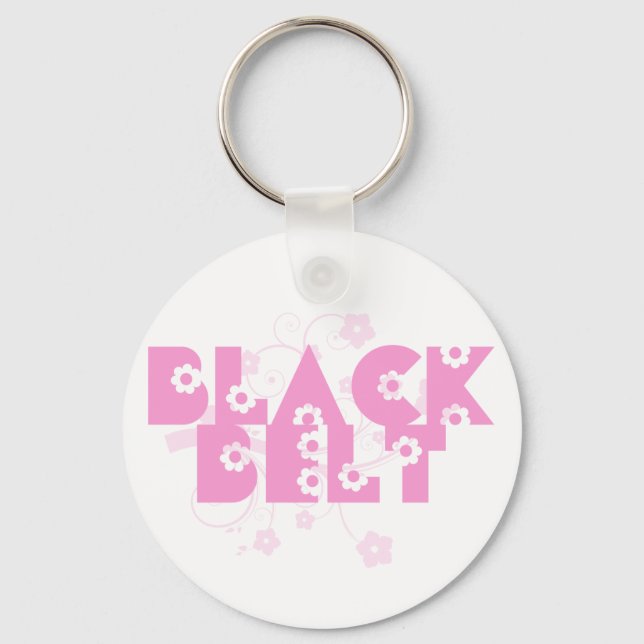 Pink Flowers Martial Arts Black Belt Keychain (Front)