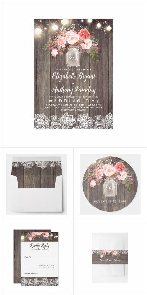 Pink Flowers Mason Jar Wedding Invitation Set