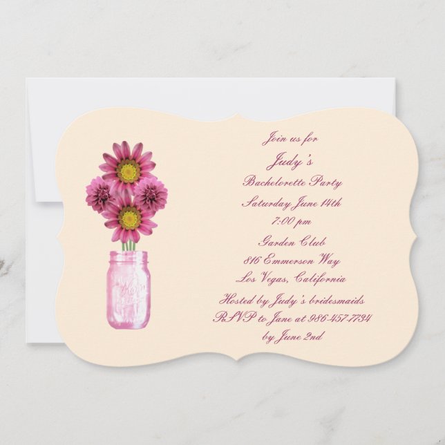 Pink Flowers Mason Jar Bachelorette Party Invite (Front)