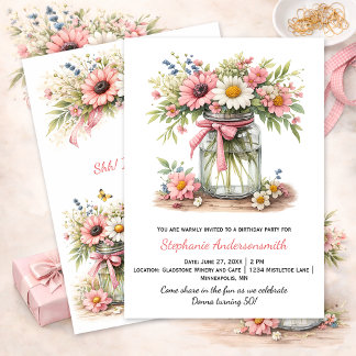 Pink Flowers Mason Jar Birthday Party | Invitation