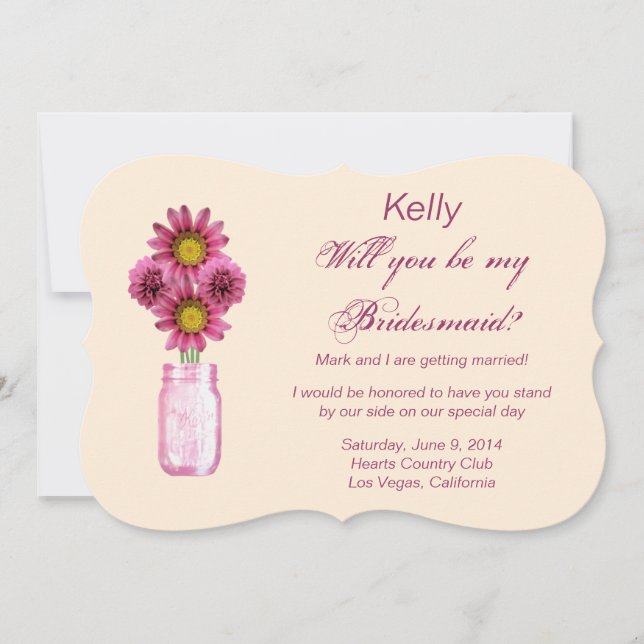Pink Flowers Mason Jar Bridesmaid Card (Front)