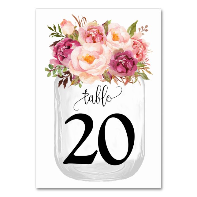 Pink Flowers Mason Jar Country Wedding Table Number (Front)