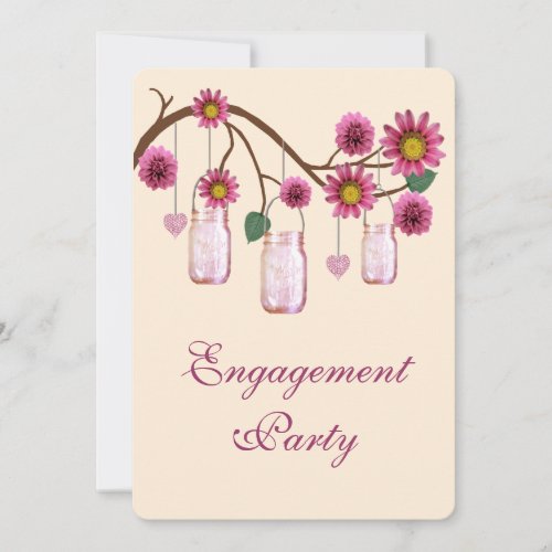 Pink Flowers Mason Jar Engagement Party Invitation