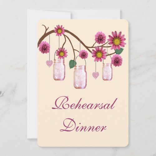 Pink Flowers Mason Jar Rehearsal Dinner Invitation