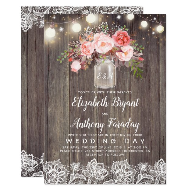 Pink Flowers Mason Jar Rustic Lace Wedding Invitation