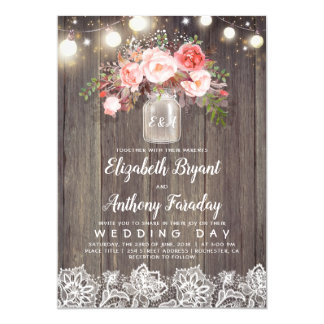 Pink Flowers Mason Jar Rustic Lace Wedding Card
