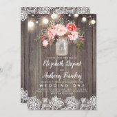 Pink Flowers Mason Jar Rustic Lace Wedding Invitation (Front/Back)