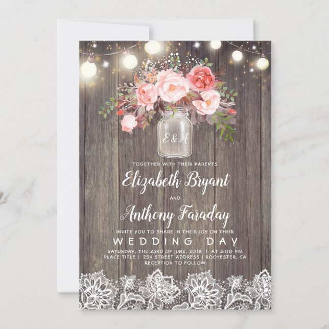 Pink Flowers Mason Jar Rustic Lace Wedding Invitation (Front)