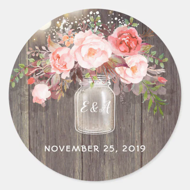 Pink Flowers Mason Jar Rustic Wedding Classic Round Sticker | Zazzle