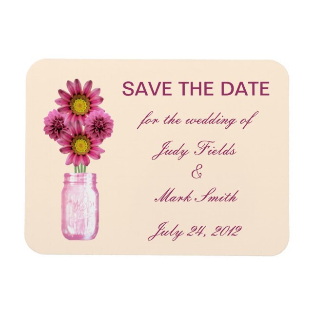 Pink Flowers Mason Jar Save The Date Magnet (Horizontal)