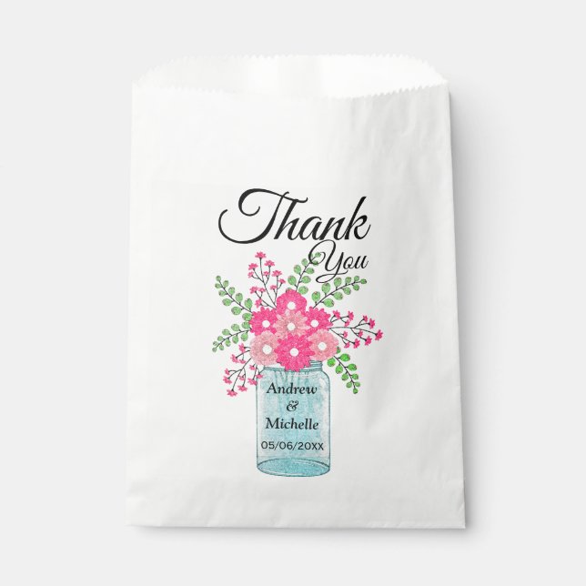 Pink Flowers Mason Jar Thank You Favor Bag (Front)