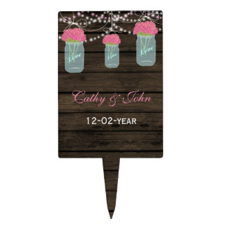 pink flowers mason jar wedding cake picks
