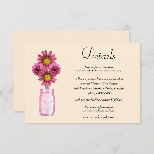 Pink Flowers Mason Jar Wedding Details Enclosure Card