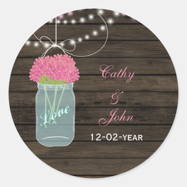 pink flowers mason jar wedding favor stickers (Front)