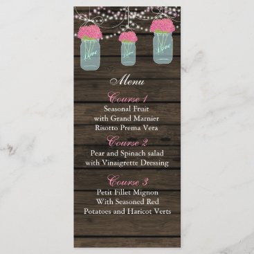 pink flowers mason jar wedding menu cards