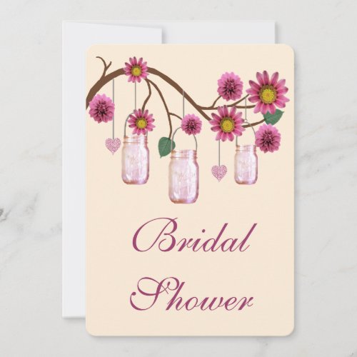 Pink Flowers Mason Jars Bridal Shower Invitation