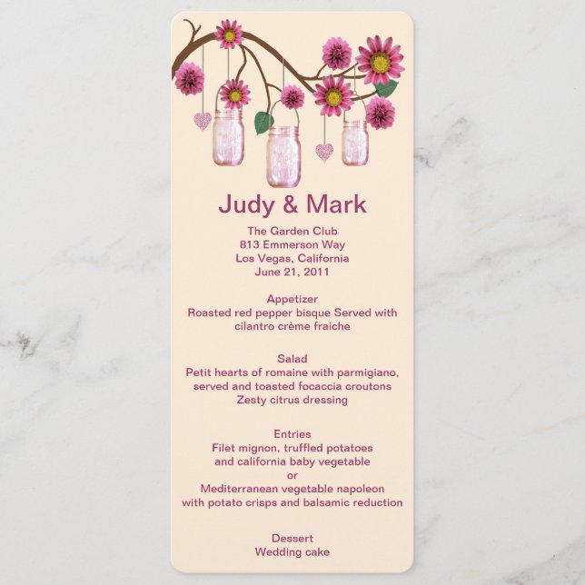 Pink Flowers Mason Jars Menu Card (Front)