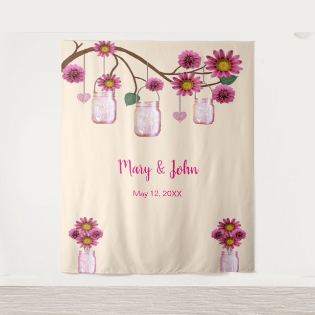 Pink Flowers Mason Jars Photo Backdrop (Front)