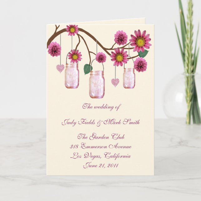 Pink Flowers Mason Jars Program Card (Front)