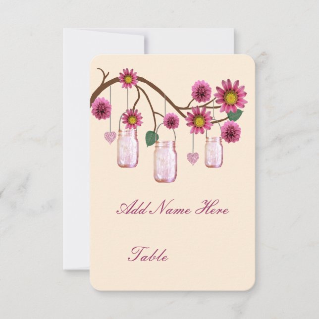 Pink Flowers Mason Jars Table Place Card (Front)