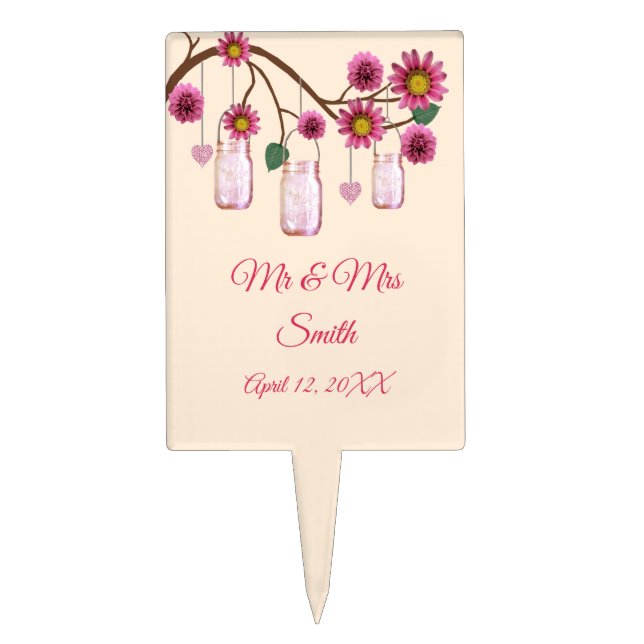 Pink Flowers Mason Jars Wedding Cake Topper (Front)
