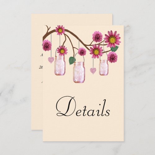 Pink Flowers Mason Jars Wedding Details Enclosure Card