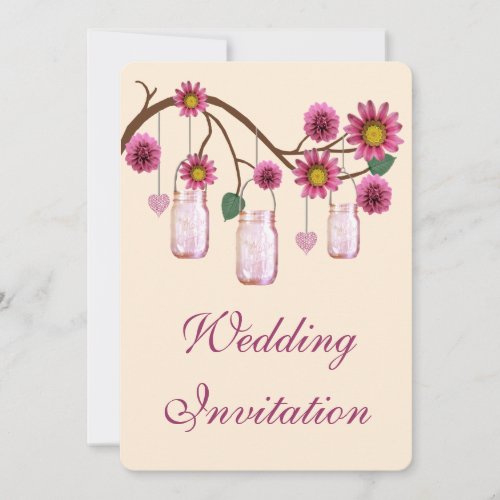 Pink Flowers Mason Jars Wedding Invitation