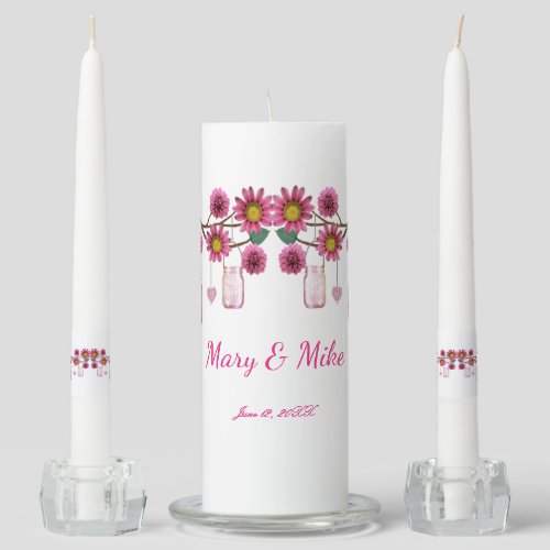Pink Flowers Mason Jars Wedding Unity Candle Set