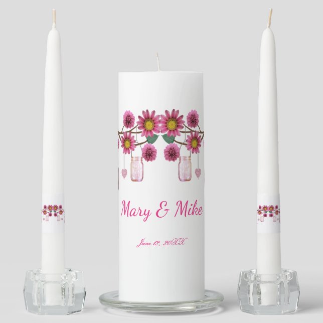 Pink Flowers Mason Jars Wedding Unity Candle Set (Front)