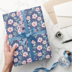 Pink Flowers Meadow Navy Blue Wrapping Paper