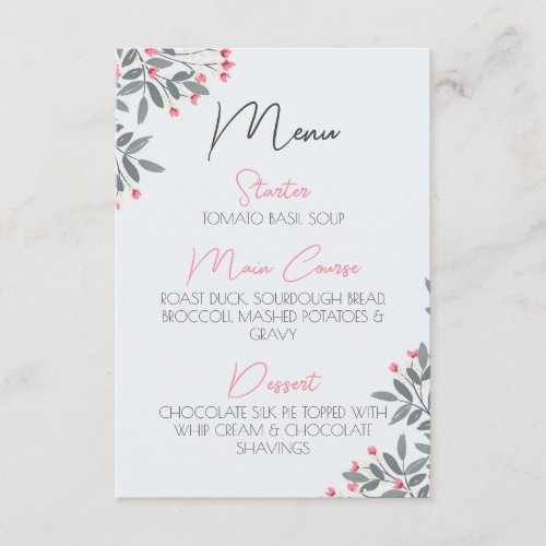 Pink Flowers Menu Card for Parties and Weddings
