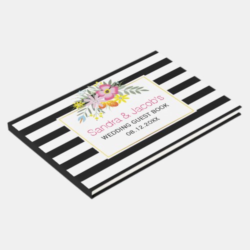 Pink flowers modern stripes floral wedding guest book