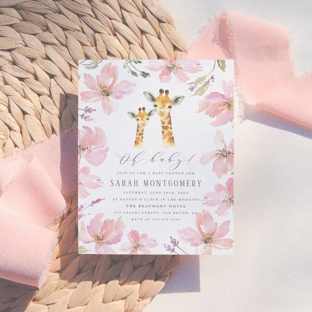 Pink Flowers Mom & Baby Giraffe Girl Baby Shower Invitation Postcard (Creator Uploaded)
