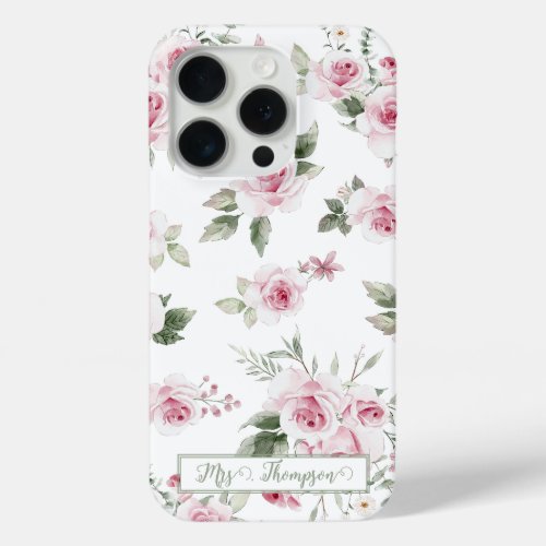 Pink Flowers Mrs Last Name Green Text Phone Case