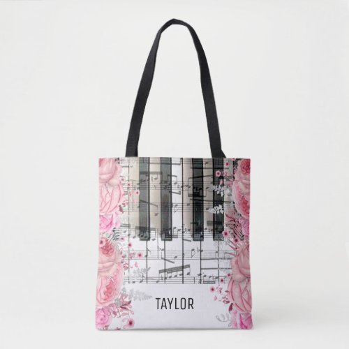 pink flowers music notes piano tote bag