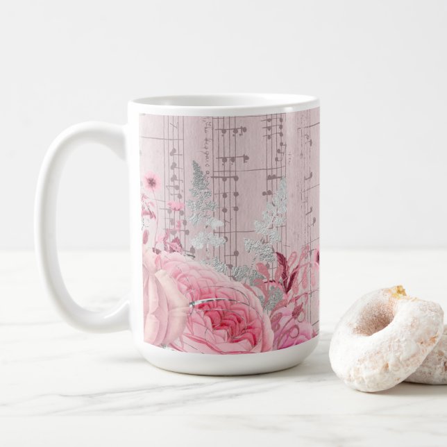 pink flowers music sheet coffee mug (With Donut)