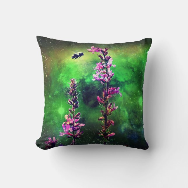Pink Flowers N Bee Against the World Throw Pillow (Front)