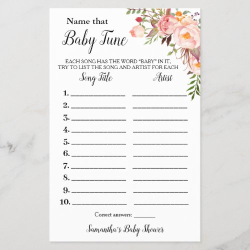Pink Flowers Name that Baby Tune Shower Game Card Flyer